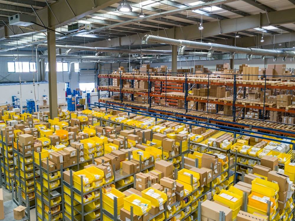 Warehouse with stocked shelves ready for distribution
